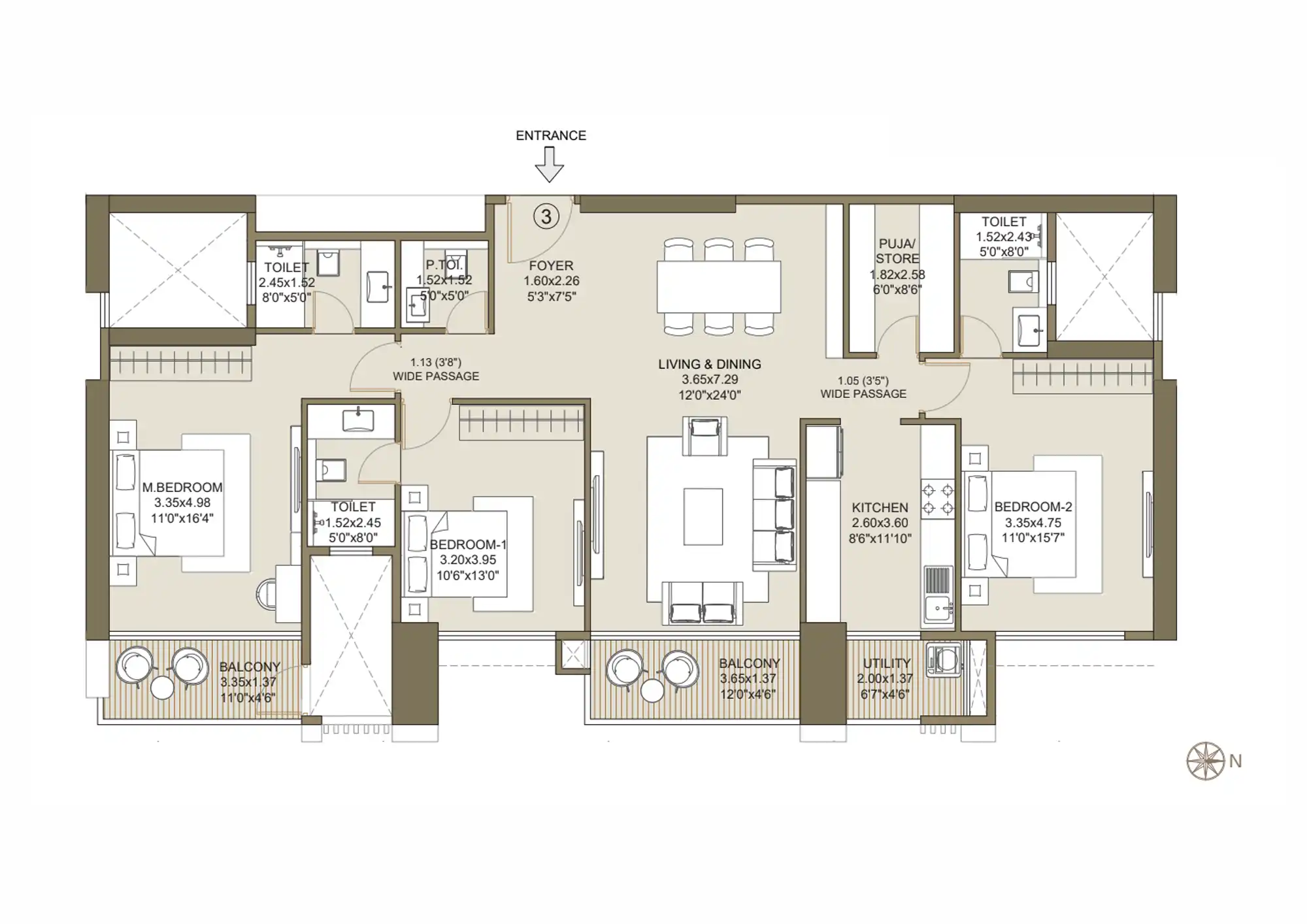 3 BHK Grand 1,445 Sq.Ft.Carpet Area